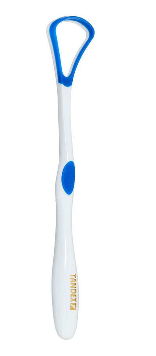 TANDEX Zungenreiniger mit ergonomischem Griff und blauer Reinigungskante.