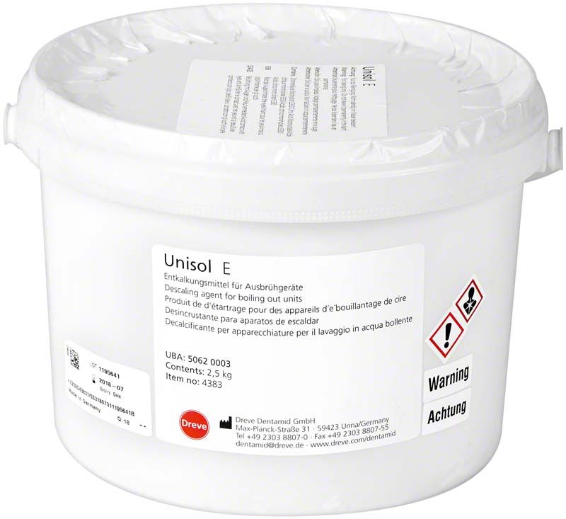 Entkalkungsmittel Unisol E in weißem Behälter mit Sicherheitswarnungen.