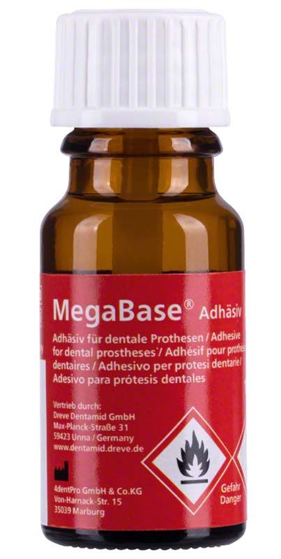 MegaBase® Adhäsiv-Flasche mit rotem Etikett und Warnsymbol.