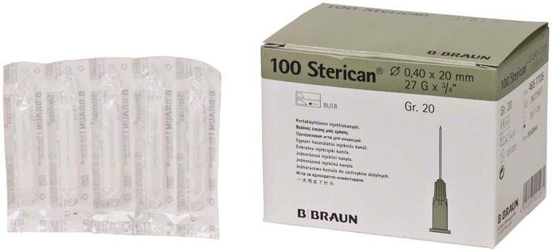 100 Sterican® Einwegkanülen, 27G, verpackt neben Produktbox.