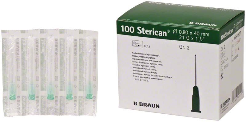 Sterican® Einmalkanülen 21G in Verpackung und Einzelverpackung sichtbar.