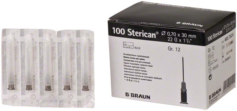 Sterican® Einmalkanülen 22G in Verpackung mit Nahaufnahme einzelner Kanülen.