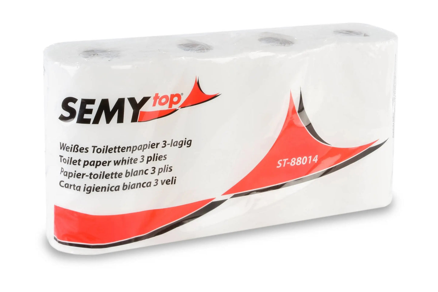 Toilettenpapier, 3-lagig, 8 Rollen, verpackt in Folie.