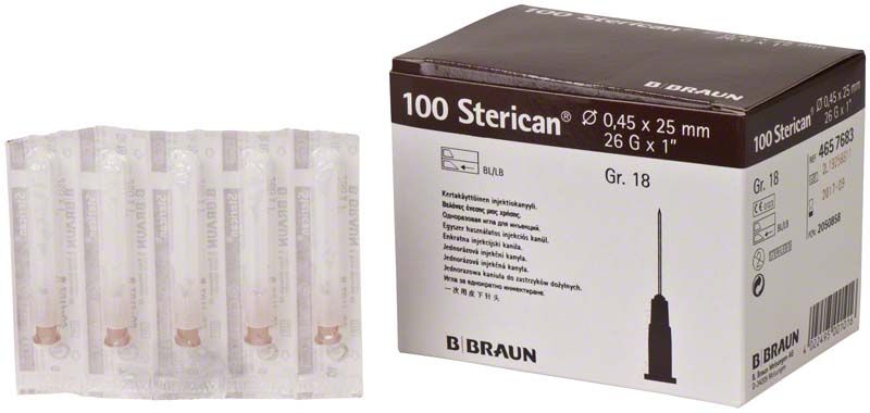 Sterican® Einmalkanülen 26G in Einzelverpackung neben Produktbox.