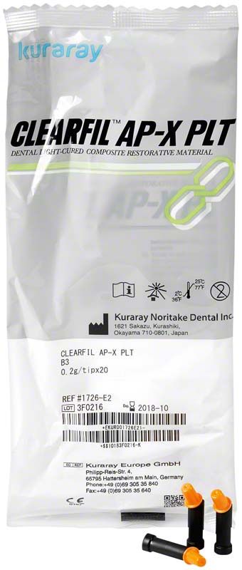 Verpackung von Clearfil AP-X Tips B3 mit Produktinformationen und Herstellerlogo.