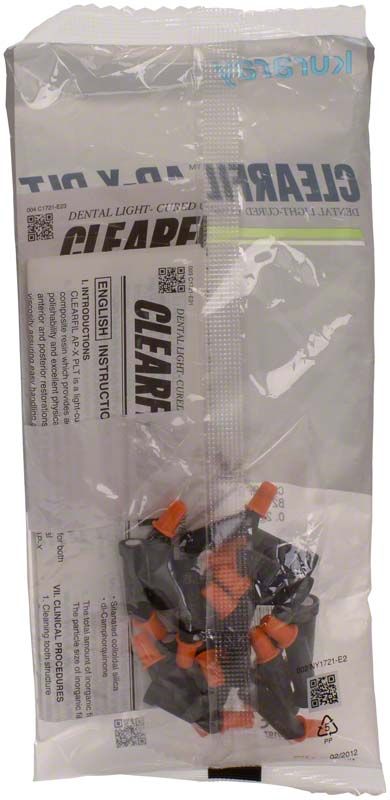 Kunststoffverpackung mit Clearfil AP-X Tips B2, orange und schwarz gefärbt.