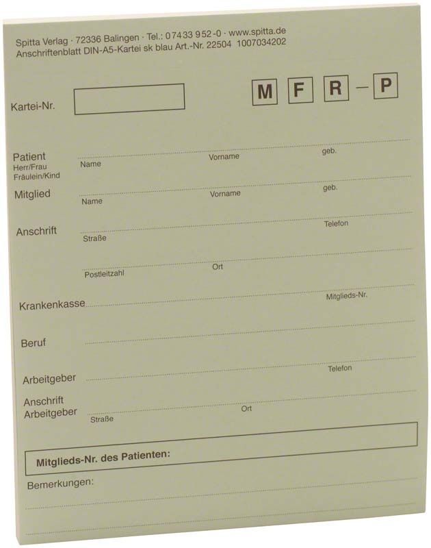 Anschriftenblatt A5 blau für Zahnärzte mit Patienten- und Adressfeldern.