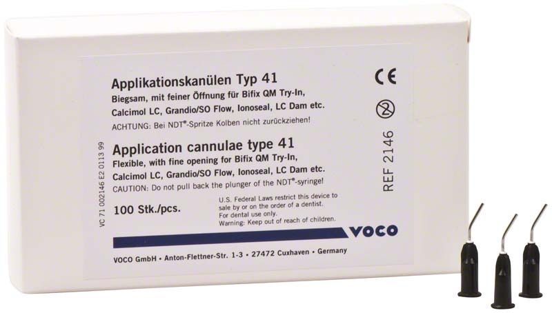 Applikationskanülen Typ 41 von Voco in Originalverpackung mit drei Kanülen.