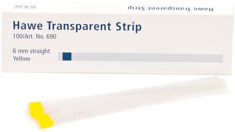 Hawe Transparent Strips, gelbe Enden, 6mm breit, 10cm lang, Dentalprodukt.