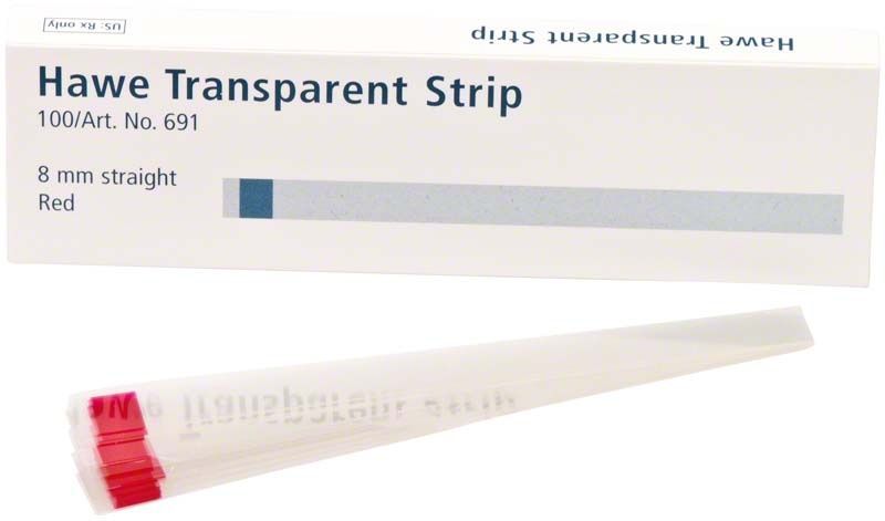 Hawe Transparent Strips mit roten Enden, verpackt in einer weißen Box.