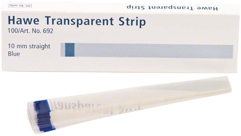 Hawe Transparent Strips, 10 mm breit, in blauer Verpackung.