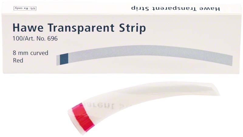 Hawe Transparent Strips mit roter Markierung vor Verpackung.