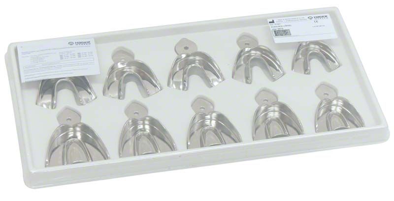 Metallische Abformlöffel-Set für bezahnte Kiefer im Dentalbereich.