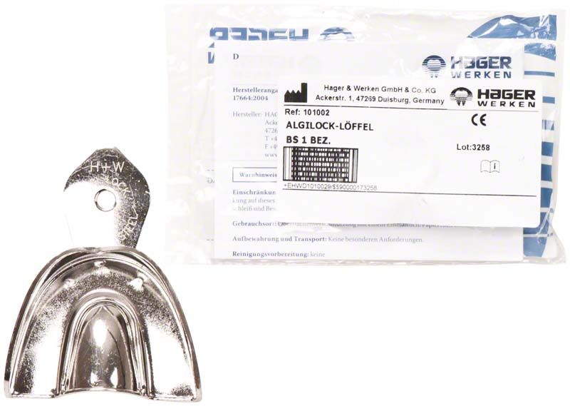 Metallischer Abformlöffel ALGILOCK®-LÖFFEL mit Verpackung im Hintergrund.