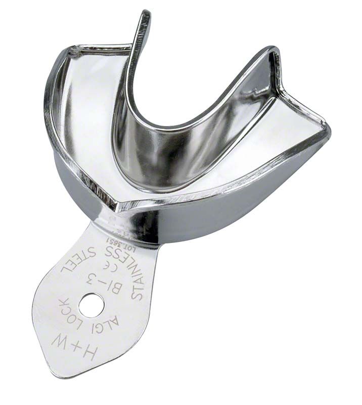 Hochwertiger Metall-Abformlöffel für bezahnte Kiefer aus Edelstahl.