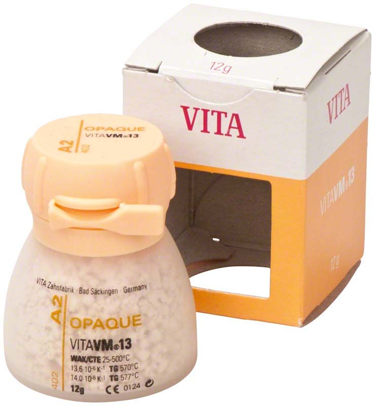 Deckelglasur der Keramik VITA VM13 Opaque 12g A2 mit Verpackung.