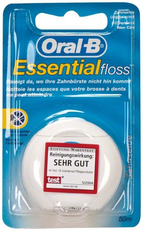 Oral-B Essentialfloss Zahnseide in Blisterverpackung mit Qualitätssiegel.