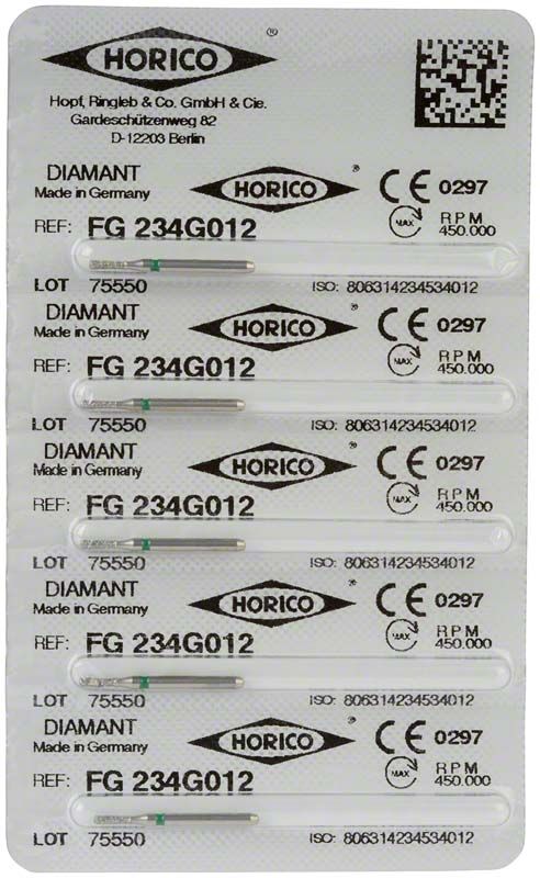Diamantschleifer FG 234G 012 in Blisterverpackung mit Herstellerinformationen.