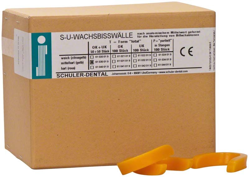 Braune Verpackung mit S-U-Wachsbisswälle T Mittel in gelb-orange von Schuler-Dental.