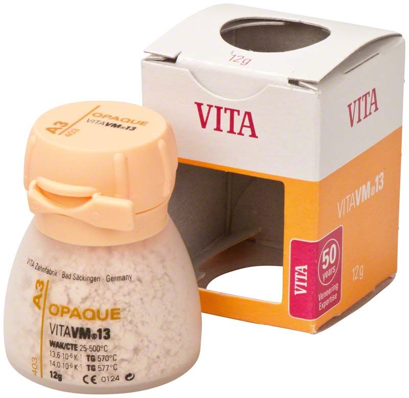 VM13 Opaque 12g A3 Zahnfarbe in Flasche mit Verpackung.