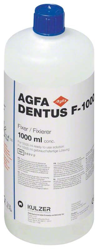 Agfa Dentus F-1000 Fixiererflasche mit blauer Kappe und Etikett.