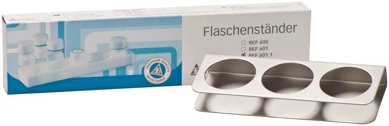 Metall-Flaschenständer für 3 Dappengläser neben Verpackung.