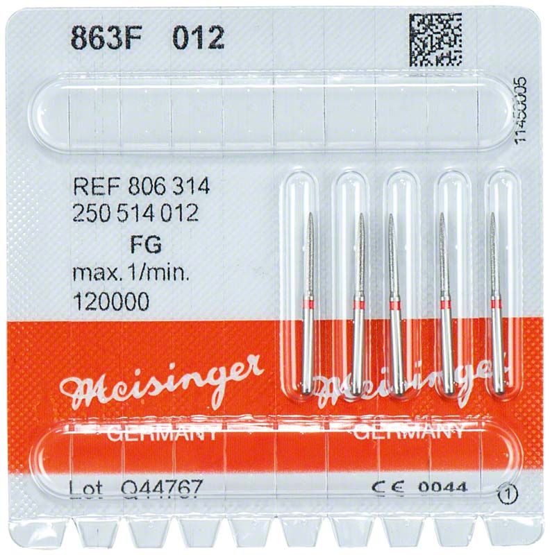 Diamantschleifer FG 863F 012 in Blisterverpackung mit roten Markierungen.