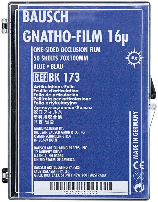 Blaues Bausch Gnatho-Film 16µ Artikulationspapier in Verpackung.