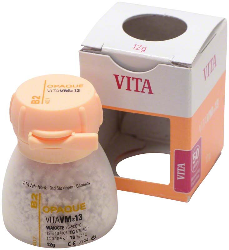 Undurchsichtiges Zahnmaterial VITA VM13 Opaque 12g B2 mit Verpackung.