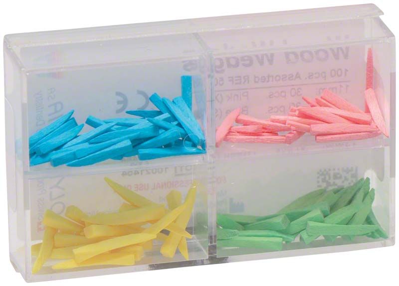 Interdentalkeile aus Ahornholz in sortierter Farbvielfalt in transparenter Box.