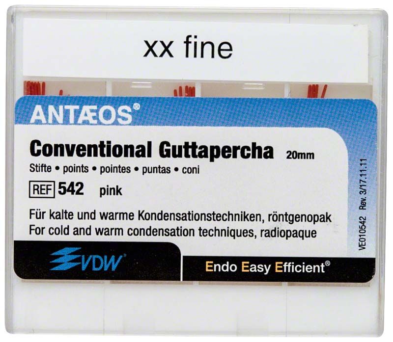 Guttapercha Konventionell xxfine, rosa, in Schiebeschachtel für Endodontie.