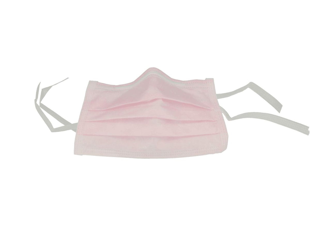 Rosa 3-lagige Mund-Nasen-Schutzmaske mit drei Bändern.