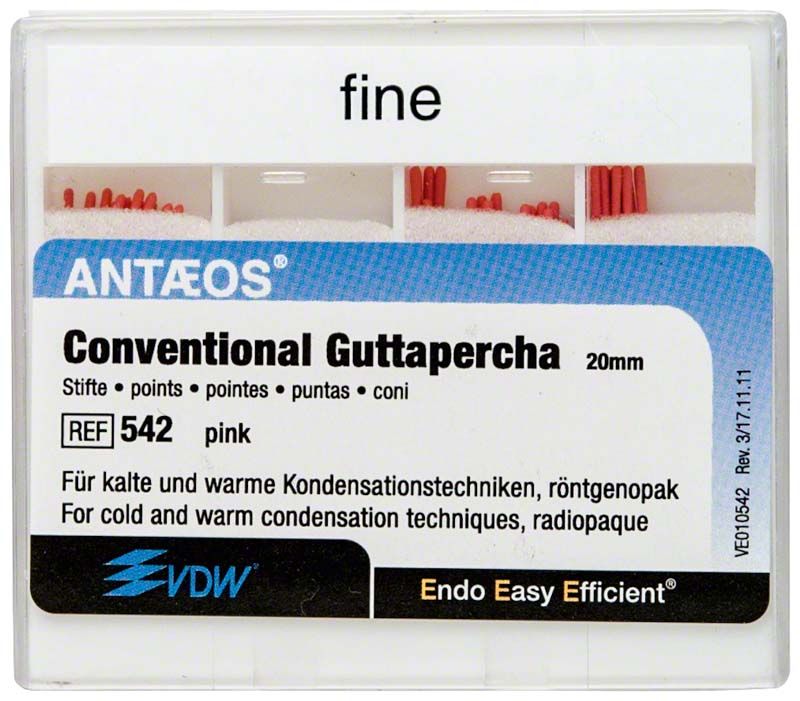 Guttapercha-Konventionell fine, rosa, in Schiebeschachtel, geeignet für Wurzelkanalfüllung.