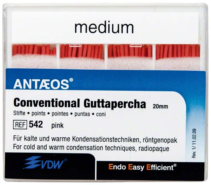 Guttapercha-Stifte in rosa, Verpackung mit 100 Stück, Größe medium.