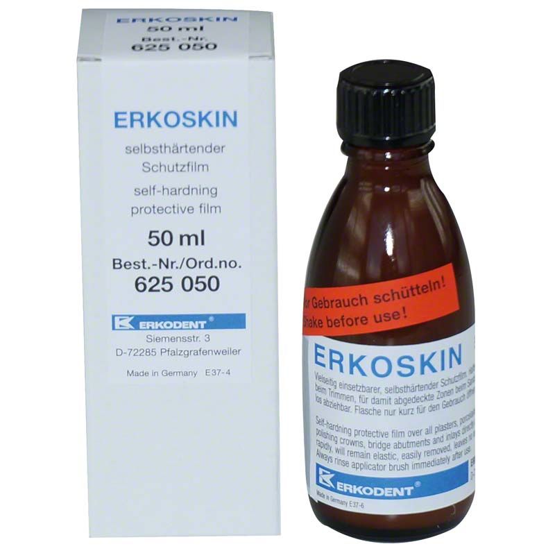 Erkoskin Flasche und Verpackung mit Produktinformationen für dentalen Schutzfilm.