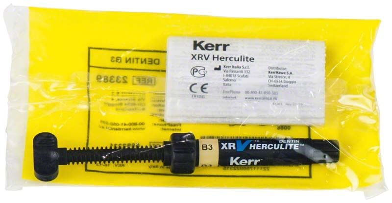 Herculite XRV Dentin Spritze B3 in gelber Verpackung.