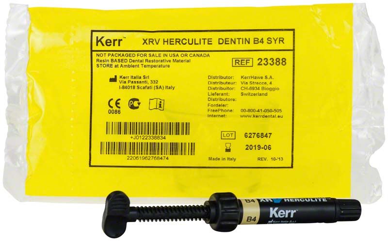 Herculite XRV Dentin Spritze B4 mit gelber Verpackung und Produktinformationen.