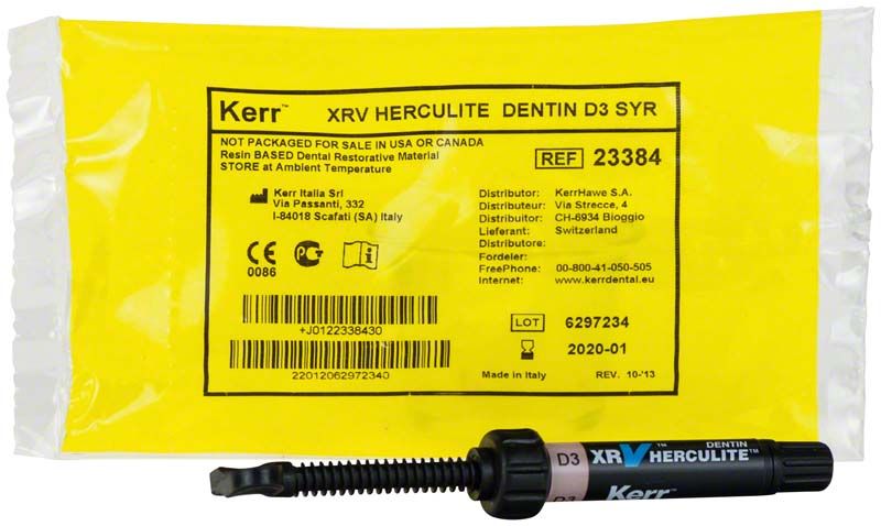 Herculite XRV Dentin Spritze D3 mit gelber Verpackung und Produktinformationen.