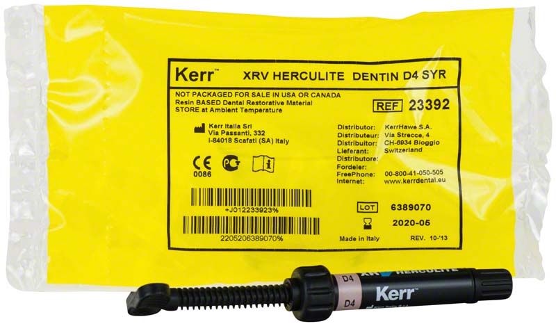 Herculite XRV Dentin Spritze D4 vor gelber Verpackung.