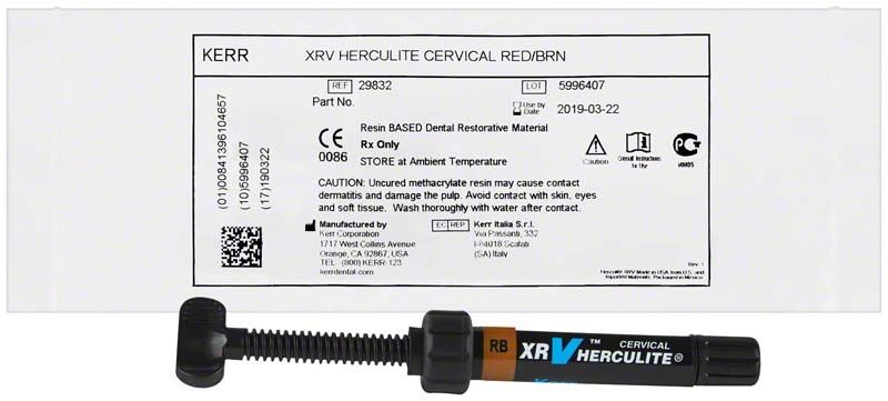 Herculite XRV Cervical Spritze rotbraun mit Verpackungsetikett.