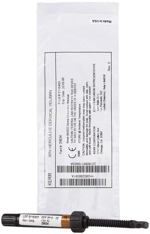Herculite XRV Cervical Spritze, gelbbraun, vor weißer Verpackung.