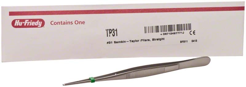 Anatomische Pinzette Semkin Taylor gerade mit geriefter Oberfläche vor Verpackung.