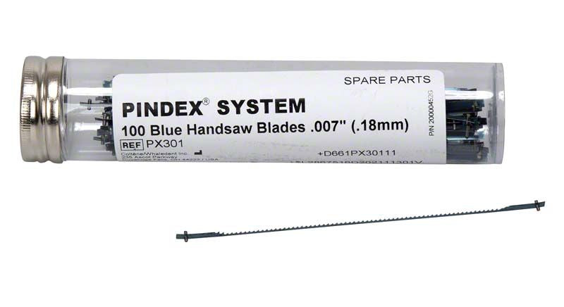 Pindex Sägeblätter 0,18mm in transparenter Verpackung mit sichtbaren Blättern.
