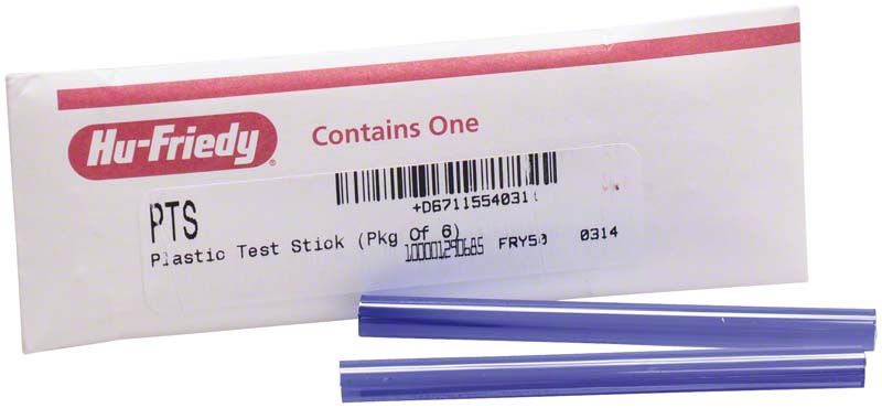 Sechs blaue Kunststoff-Teststäbchen mit Verpackungsaufdruck "Hu-Friedy".