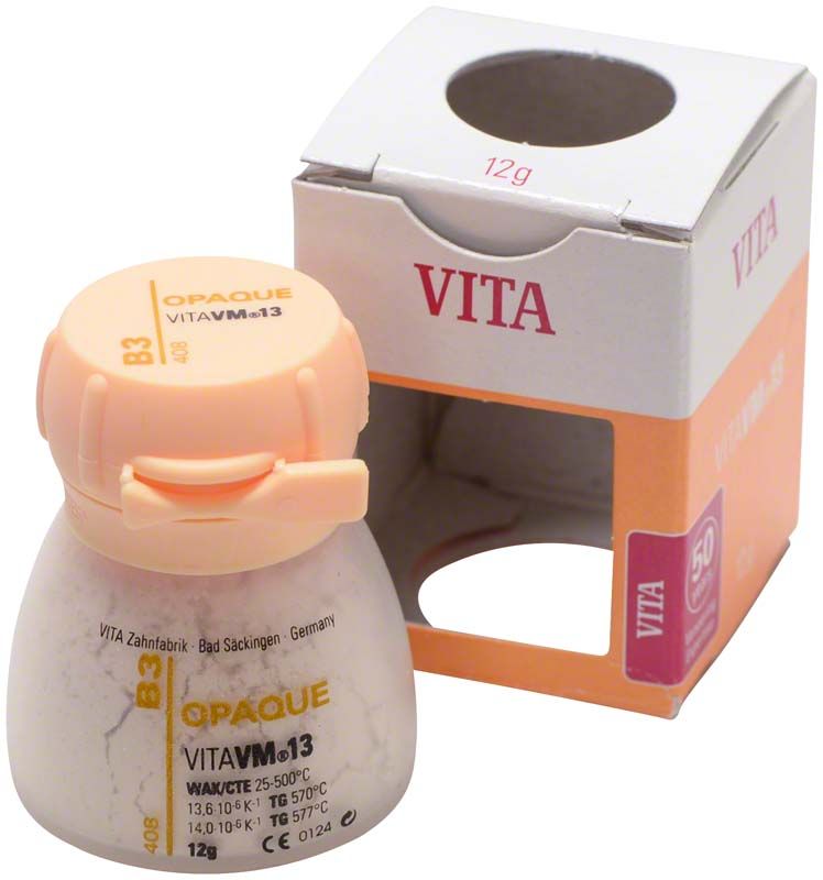 VM13 Opaque 12g B3 Zahnkeramikpulver mit geöffneter Verpackung.