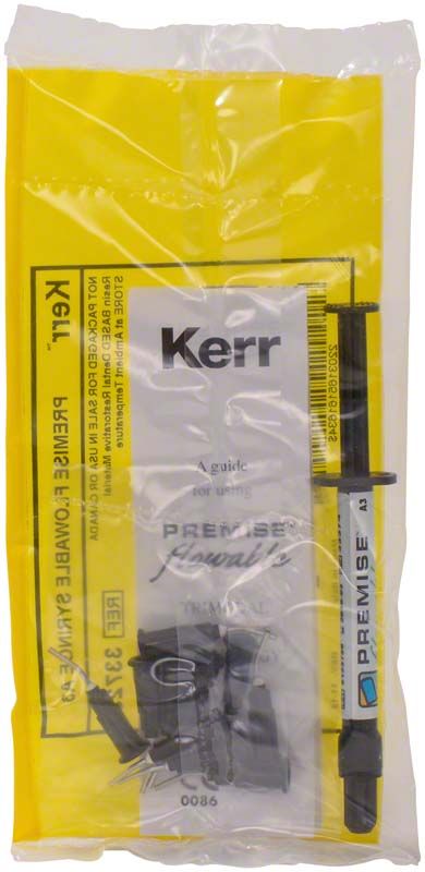 Transparente Verpackung mit Premise™ Flowable Spritze A2 und Kerr-Logo.