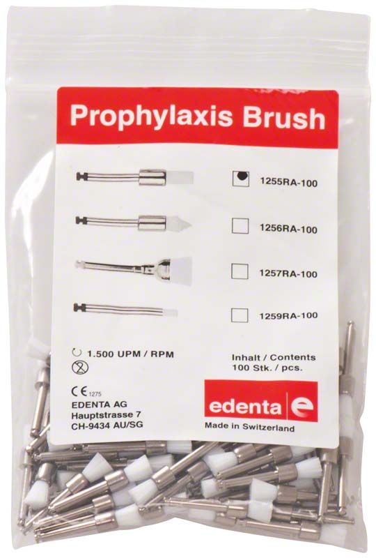 Prophylaxe Nylonbürsten weiß Zylinder groß in Verpackung mit Beschriftung.