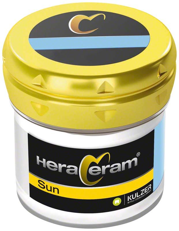 HeraCeram® Sun Transpa 20g Zahntechnisches Material in gelbem Behälter.