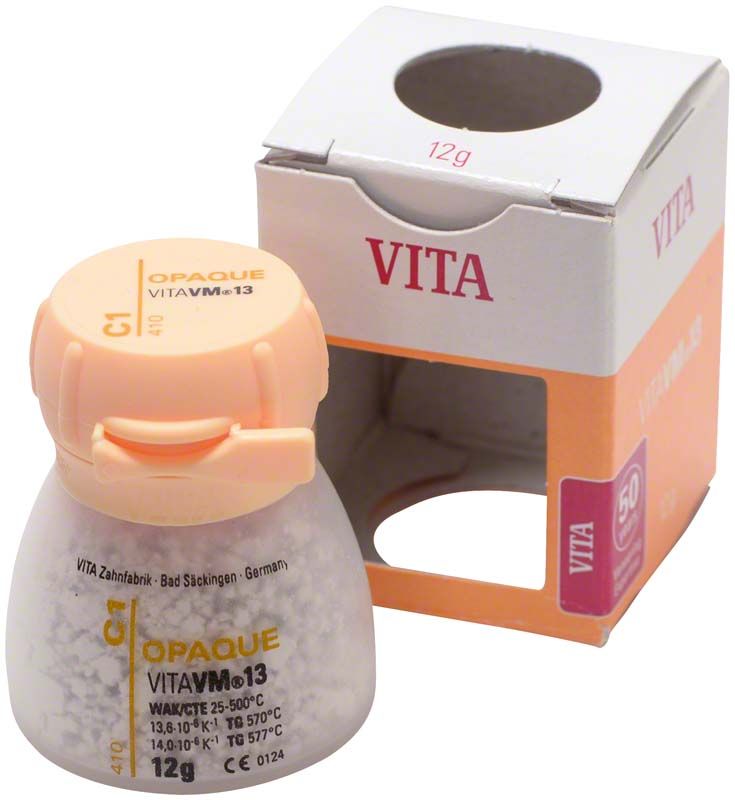 Opaker Zahnersatzfarbton VM13 C1 in 12g Glasflasche mit Verpackung.