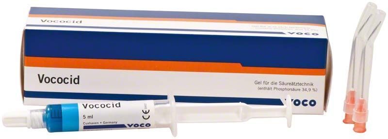 Säureätzgel Vococid® Spritze 5 ml mit blauer Einfärbung und Verpackung.